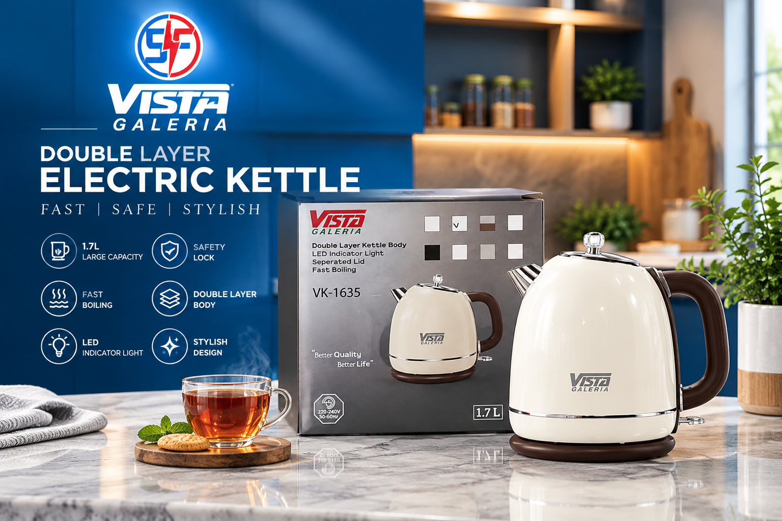 VISTA Galeria Double Layer Electric Kettle – Fast, Safe & Stylish Kitchen Essential