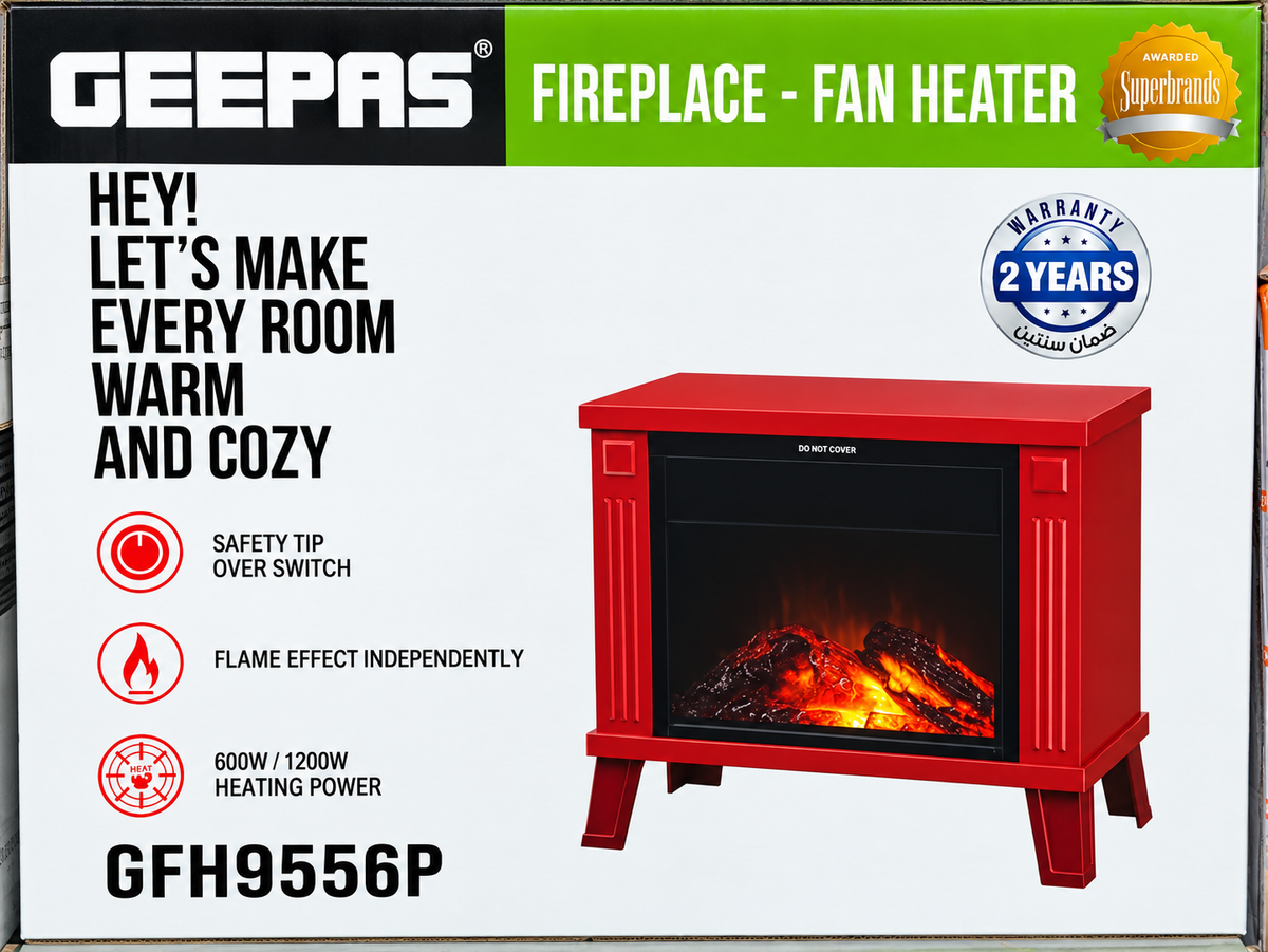 🔥 Geepas GFH9556P Electric Fireplace Fan Heater – Red