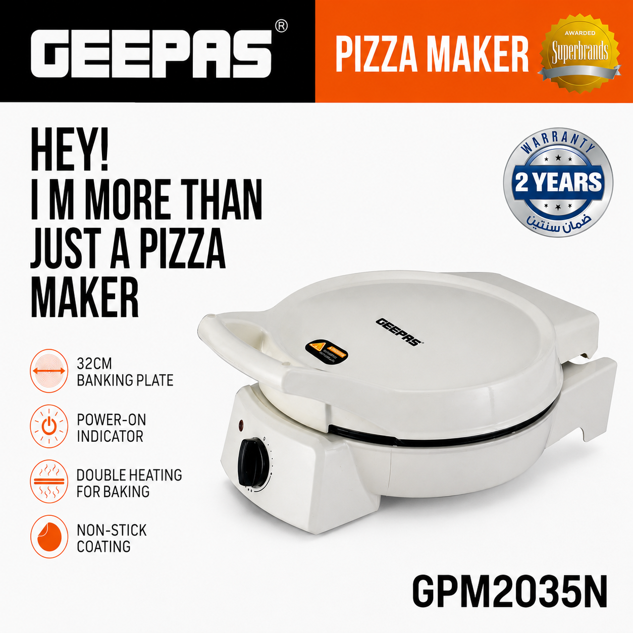 Geepas Pizza Maker GPM2035N – 32CM Non-Stick Baking Plate