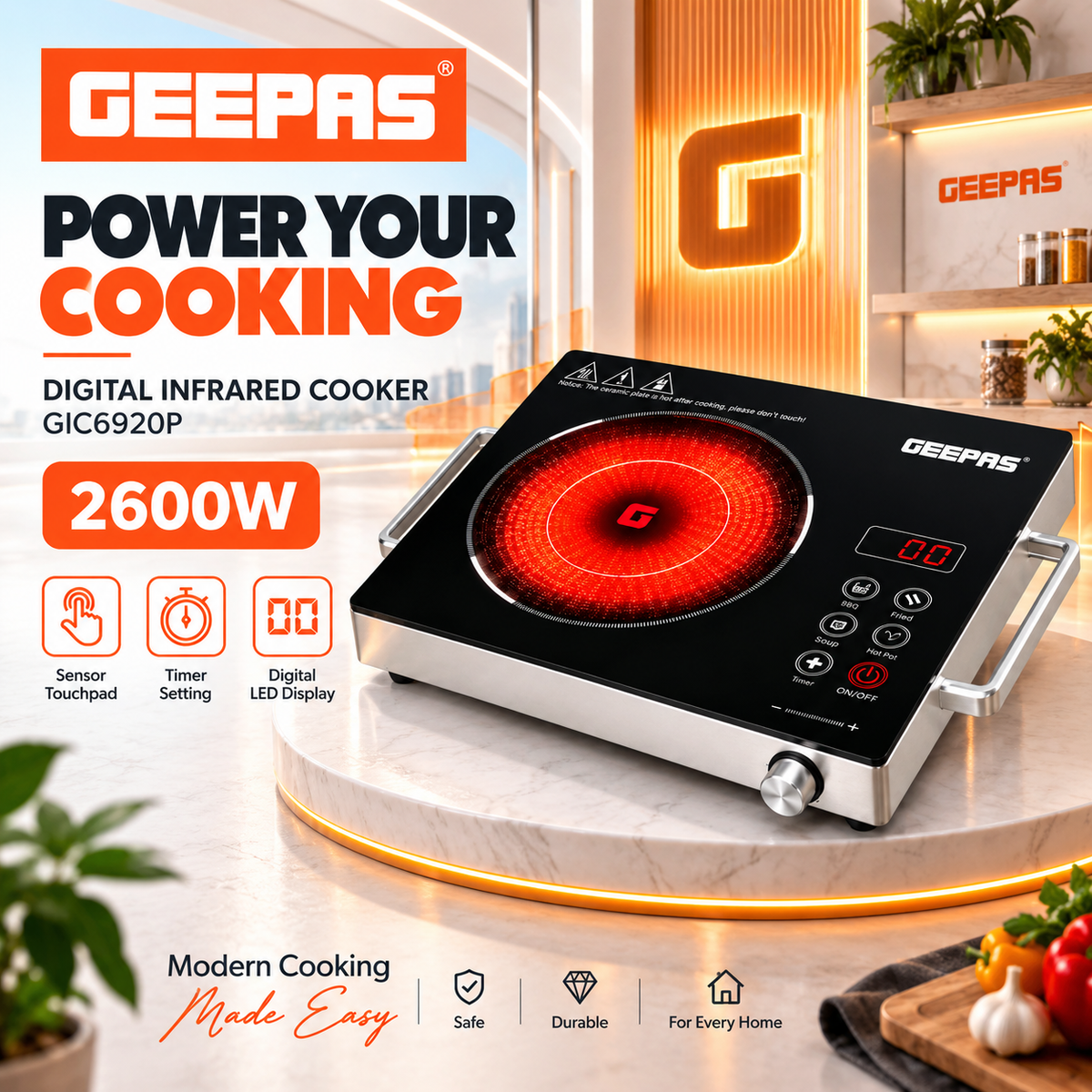 Geepas GIC6920P 2600W Digital Infrared Cooker – Sensor Touch & Timer