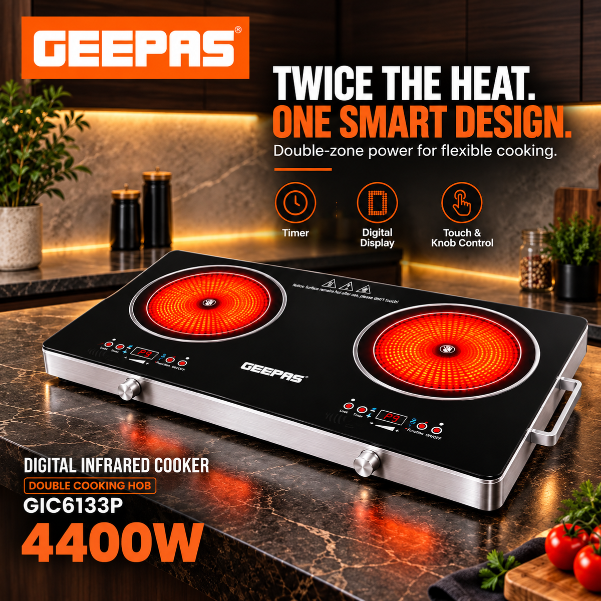 Geepas GIC6133P 4400W Double Cooking Hob – Digital Infrared Cooker