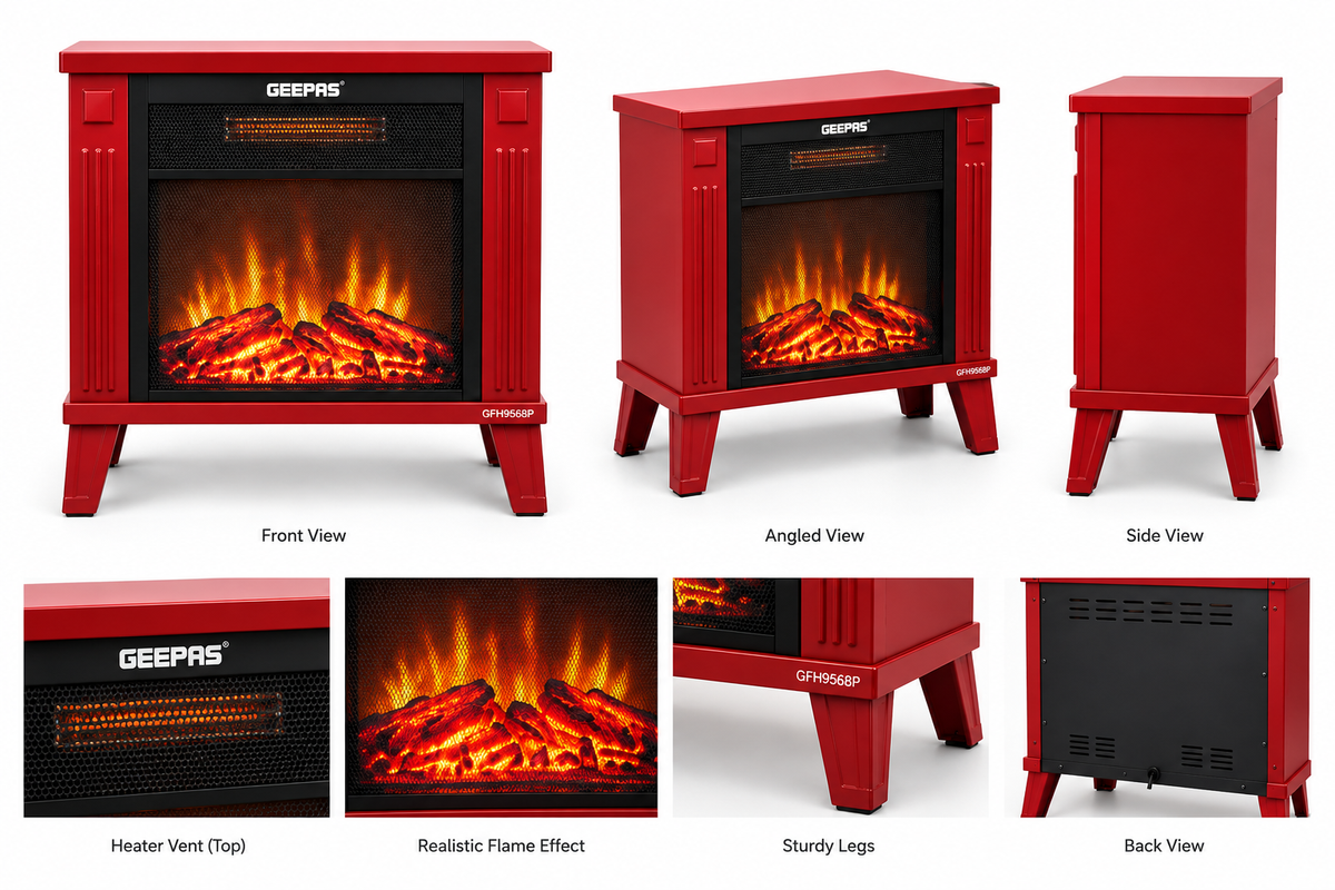 🔥 Geepas GFH9556P Electric Fireplace Fan Heater – Red