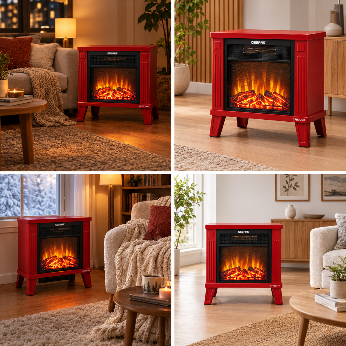 🔥 Geepas GFH9556P Electric Fireplace Fan Heater – Red