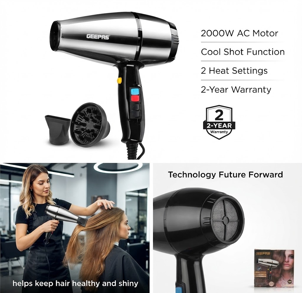 Geepas Professional 2000W Hair Dryer &amp; Styling Kit