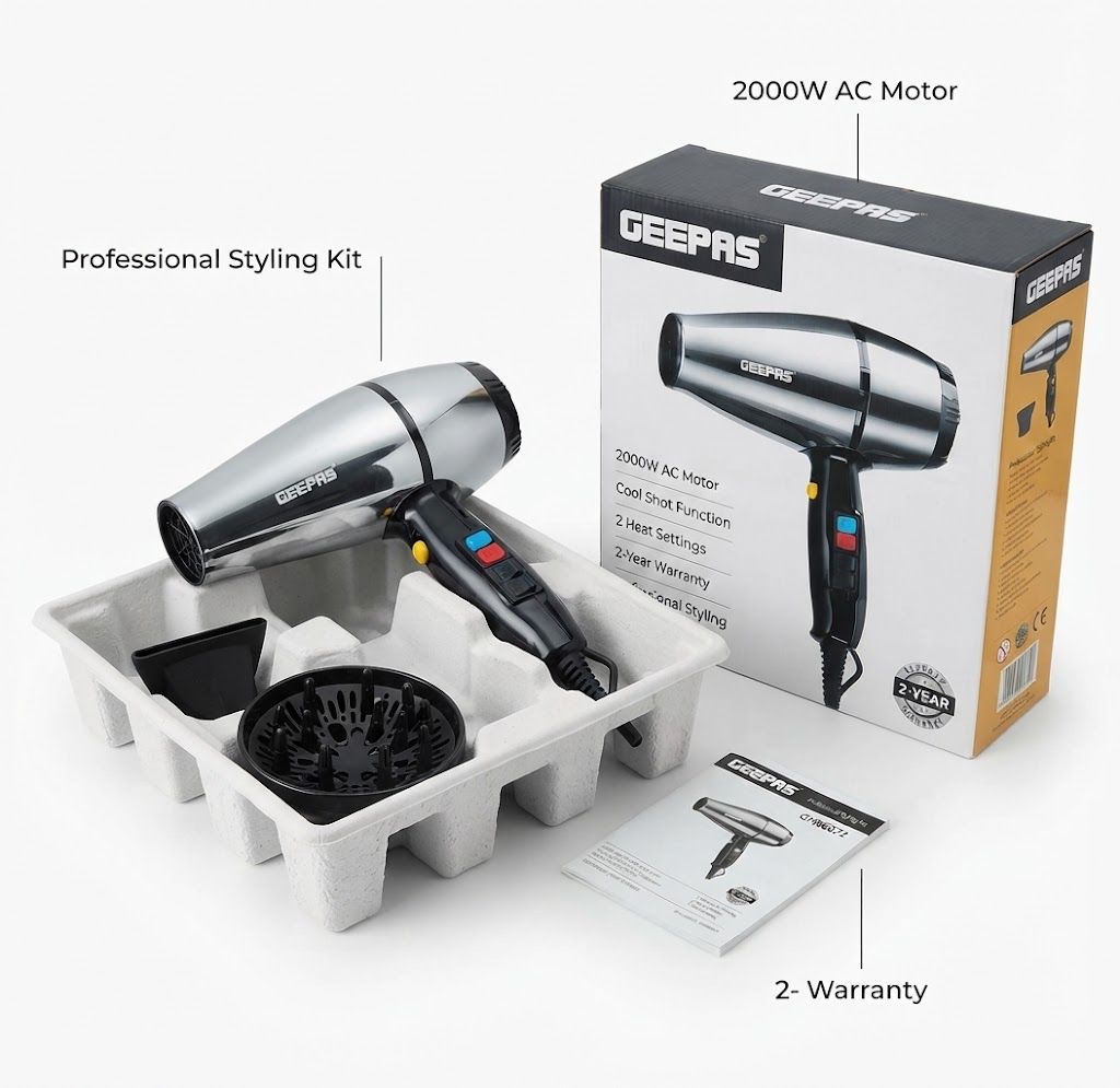 Geepas Professional 2000W Hair Dryer &amp; Styling Kit