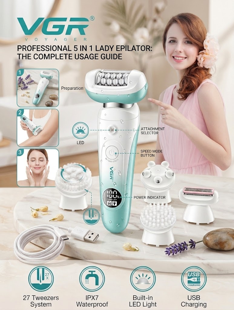 VGR V-750 5-in-1 Cordless Waterproof Epilator – Smooth Hair Removal & Skin Care Kit