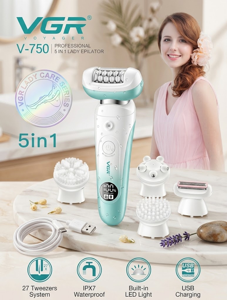 VGR V-750 5-in-1 Cordless Waterproof Epilator – Smooth Hair Removal & Skin Care Kit