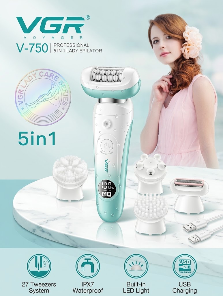 VGR V-750 5-in-1 Cordless Waterproof Epilator – Smooth Hair Removal & Skin Care Kit