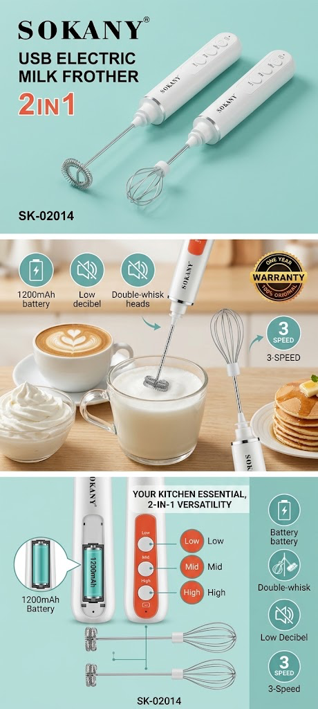 Sokany 2-in-1 USB Electric Milk Frother &amp; Whisk (SK-02014).