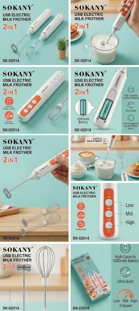 Sokany 2-in-1 USB Electric Milk Frother &amp; Whisk (SK-02014).