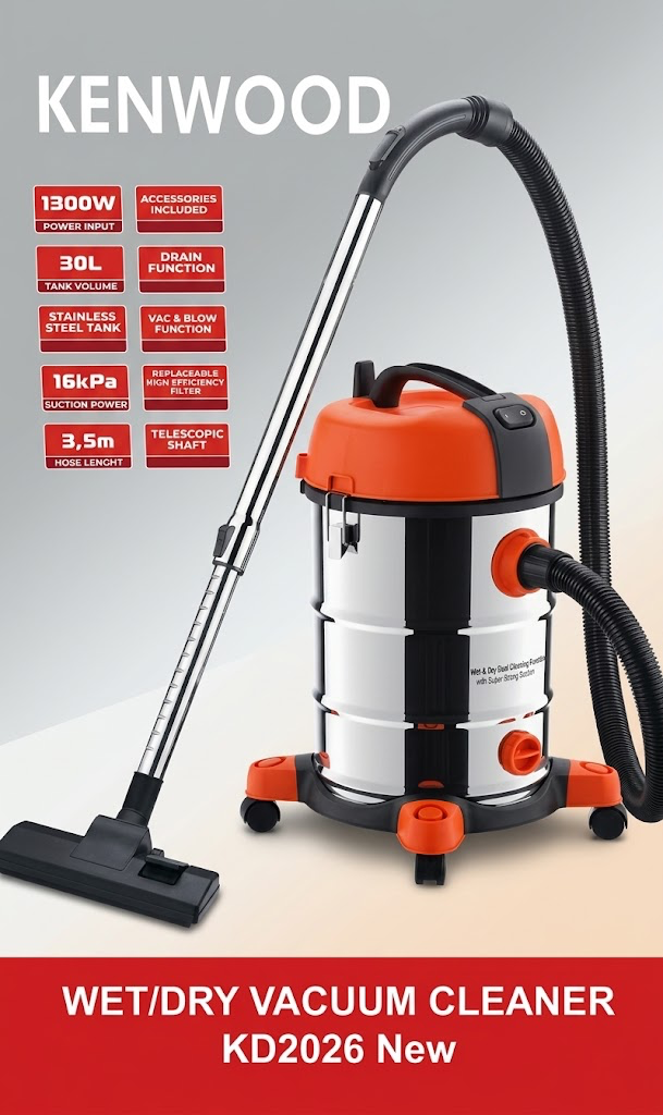Kenwood KD2026 Wet &amp; Dry Vacuum Cleaner – 1300W, 30L