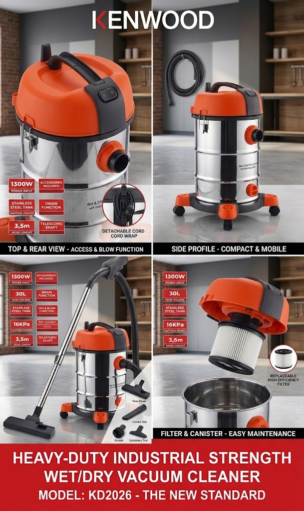 Kenwood KD2026 Wet &amp; Dry Vacuum Cleaner – 1300W, 30L