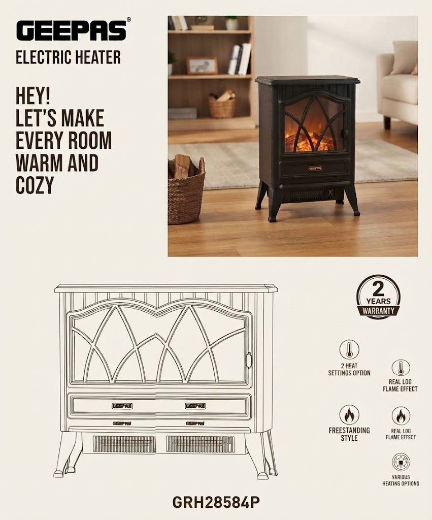 Geepas Freestanding Electric Fireplace Heater (Model: GRH28584P)