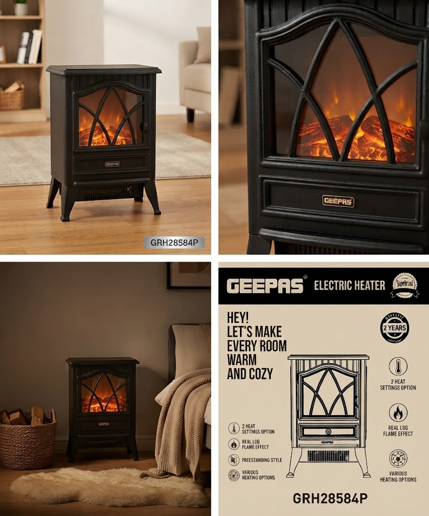 Geepas Freestanding Electric Fireplace Heater (Model: GRH28584P)