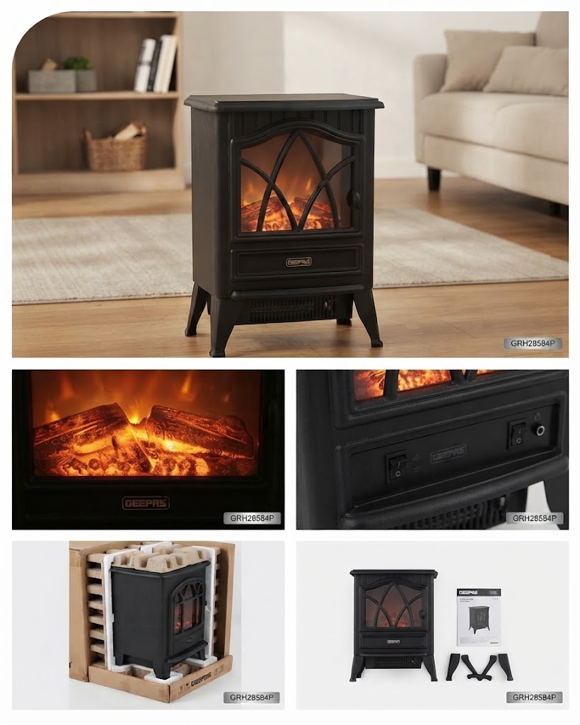 Geepas Freestanding Electric Fireplace Heater (Model: GRH28584P)