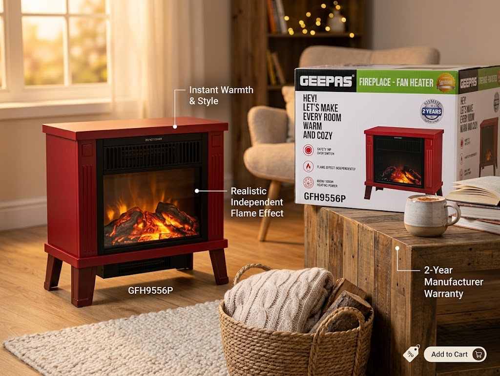 🔥 Geepas GFH9556P Electric Fireplace Fan Heater – Red