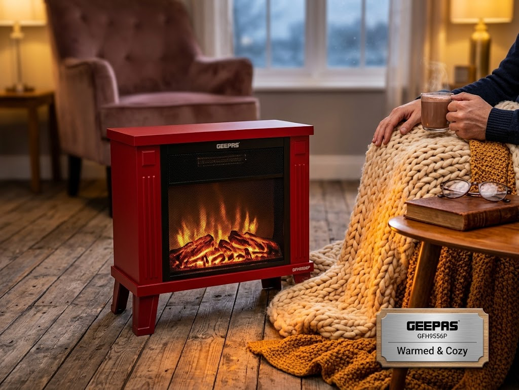 🔥 Geepas GFH9556P Electric Fireplace Fan Heater – Red