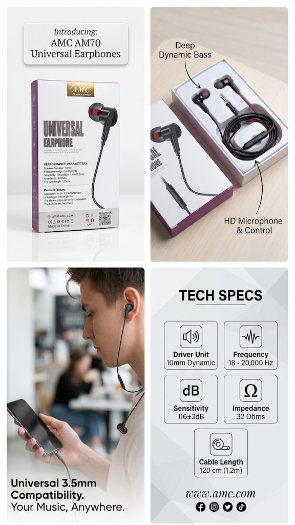 AMC AM70 Universal Wired Earphones with HD Microphone