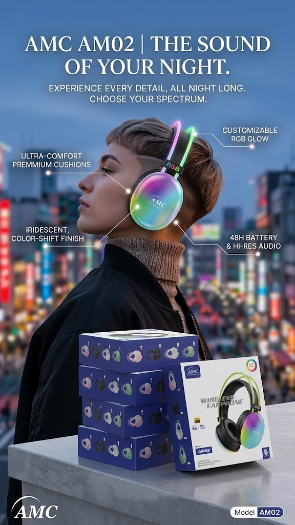AMC AM02 Premium Wireless Headphones with RGB Lighting.