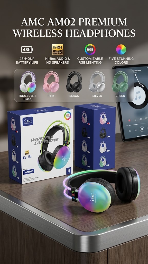 AMC AM02 Premium Wireless Headphones with RGB Lighting.