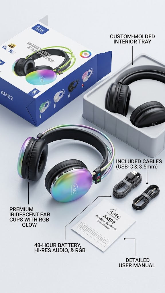 AMC AM02 Premium Wireless Headphones with RGB Lighting.