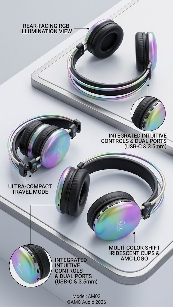 AMC AM02 Premium Wireless Headphones with RGB Lighting.