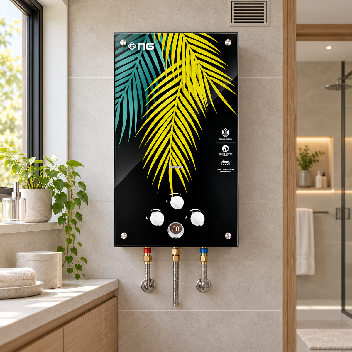 NG Gas Water Heater – Black Glass with Digital Temperature Display