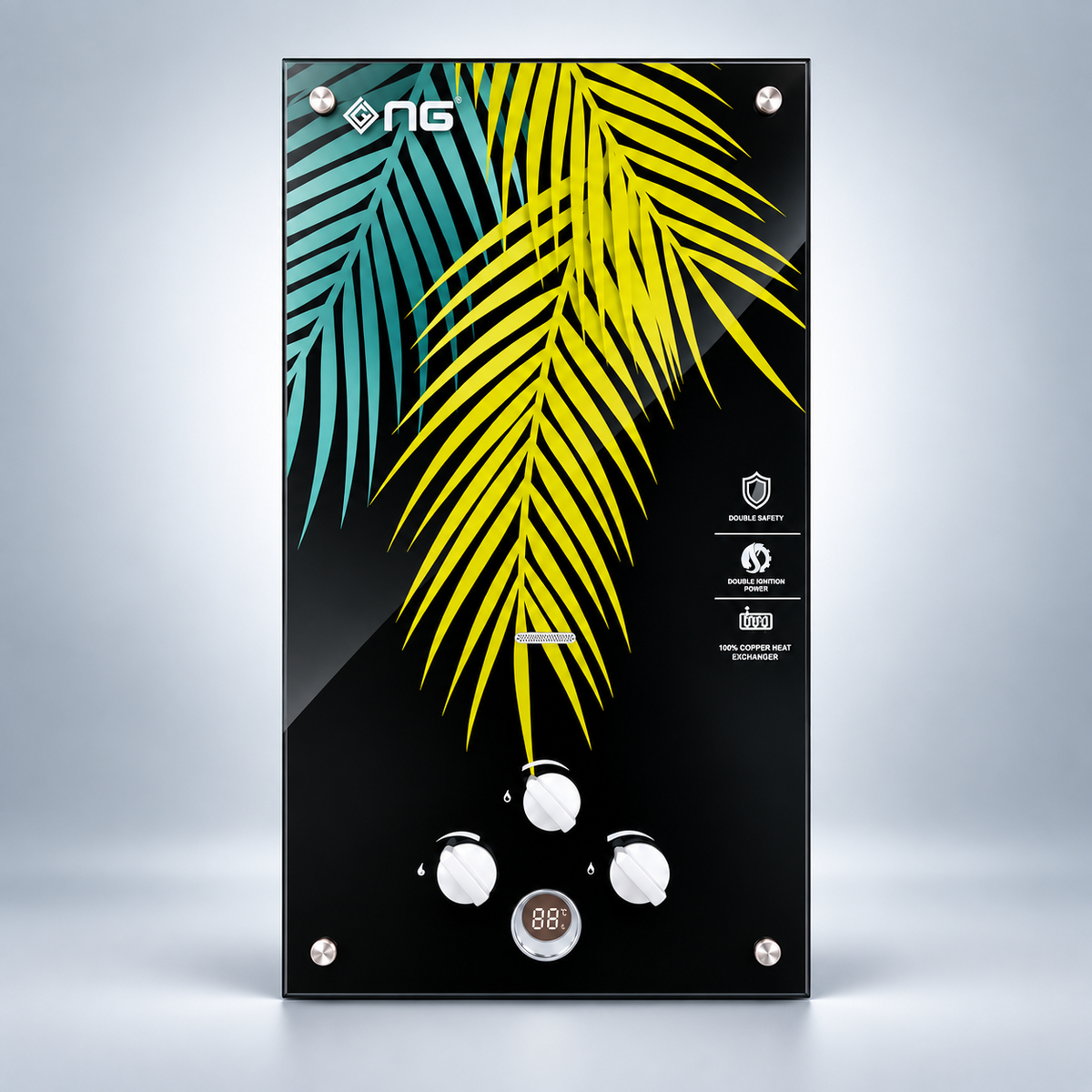 NG Gas Water Heater – Black Glass with Digital Temperature Display