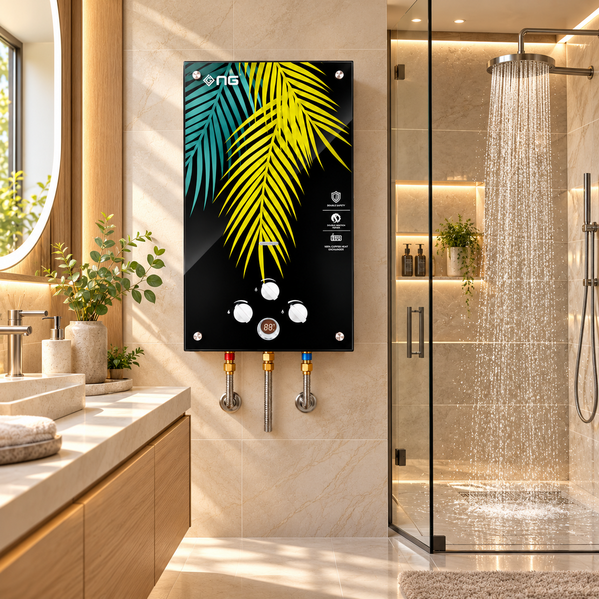 NG Gas Water Heater – Black Glass with Digital Temperature Display