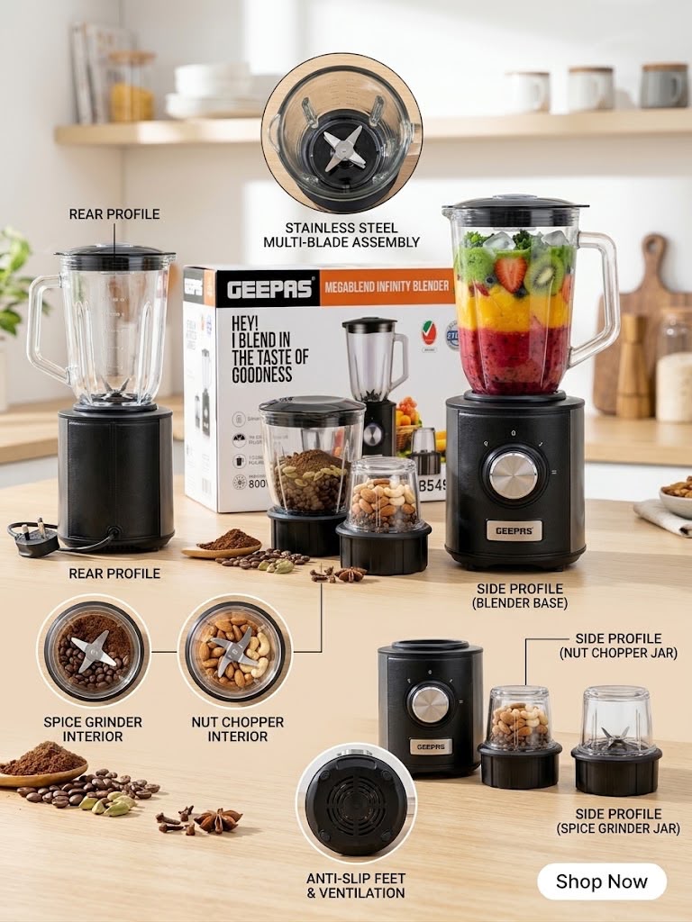 Geepas PowerPro Blender GSB5496P – 600W Powerful Blender with 1.5L Glass Jar