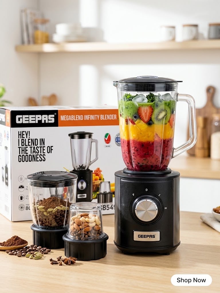 Geepas PowerPro Blender GSB5496P – 600W Powerful Blender with 1.5L Glass Jar